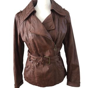 GUESS Vintage Faux Leather Moto Jacket Belted Brown Mahogany Zip Closure Size M
